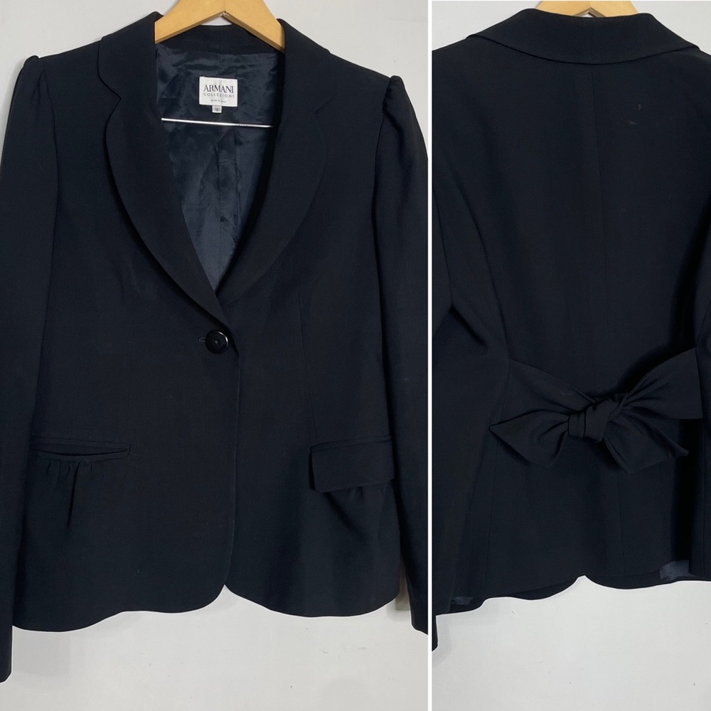 Armani Collezioni Black Virgin‎ Wool Blazer Tie Back Made in Italy Size 12